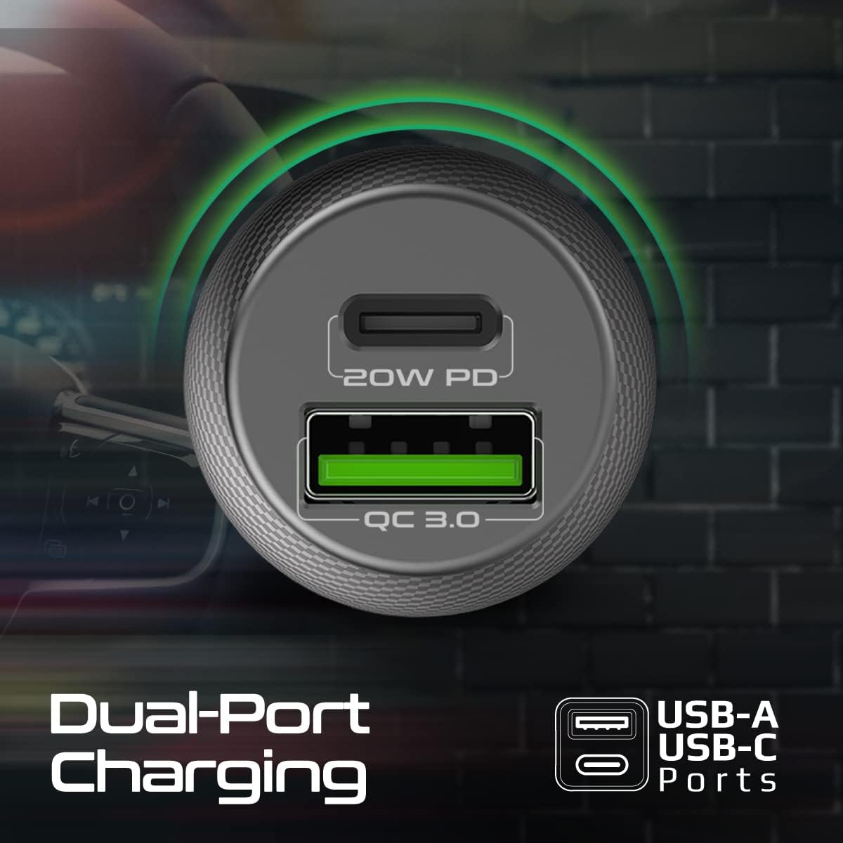 بروميت شاحن سيارة USB-C بقدرة 20 واط، شاحن سيارة فائق السرعة بمنفذ USB نوع سي للشحن السريع 18 واط ومنفذ USB 3.0 وحماية من الشحن الزائد للهواتف الذكية ونظام تحديد المواقع والتابلت - 20 واط