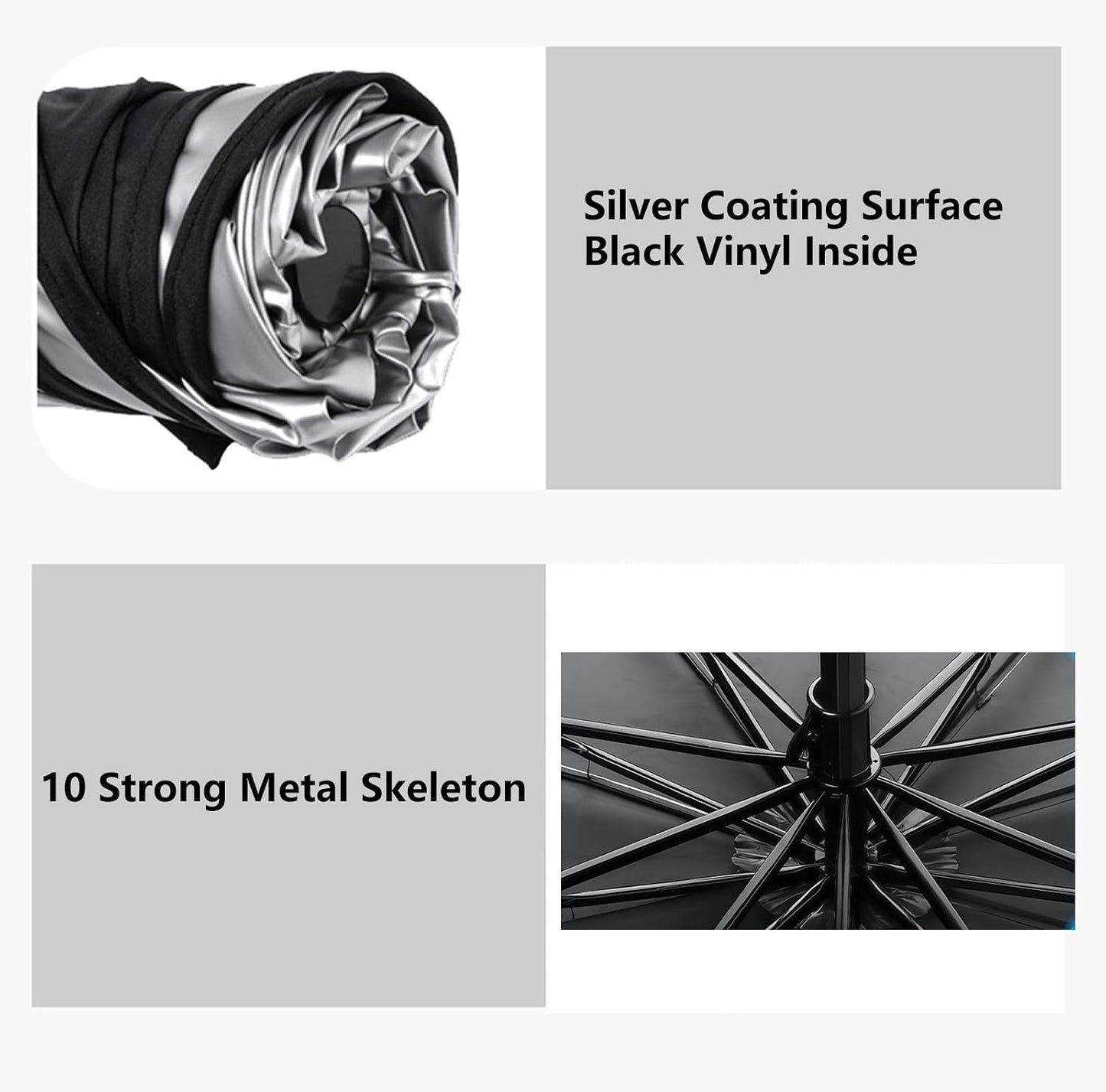 Car Windshield Sunshade Umbrella, 360° Bendable 10-Rib Fiberglass Frame Foldable Thickened Titanium Silver for Front Window Interior Sun Protection UV Resistant, for Medium Sedan SUV (140x80CM)