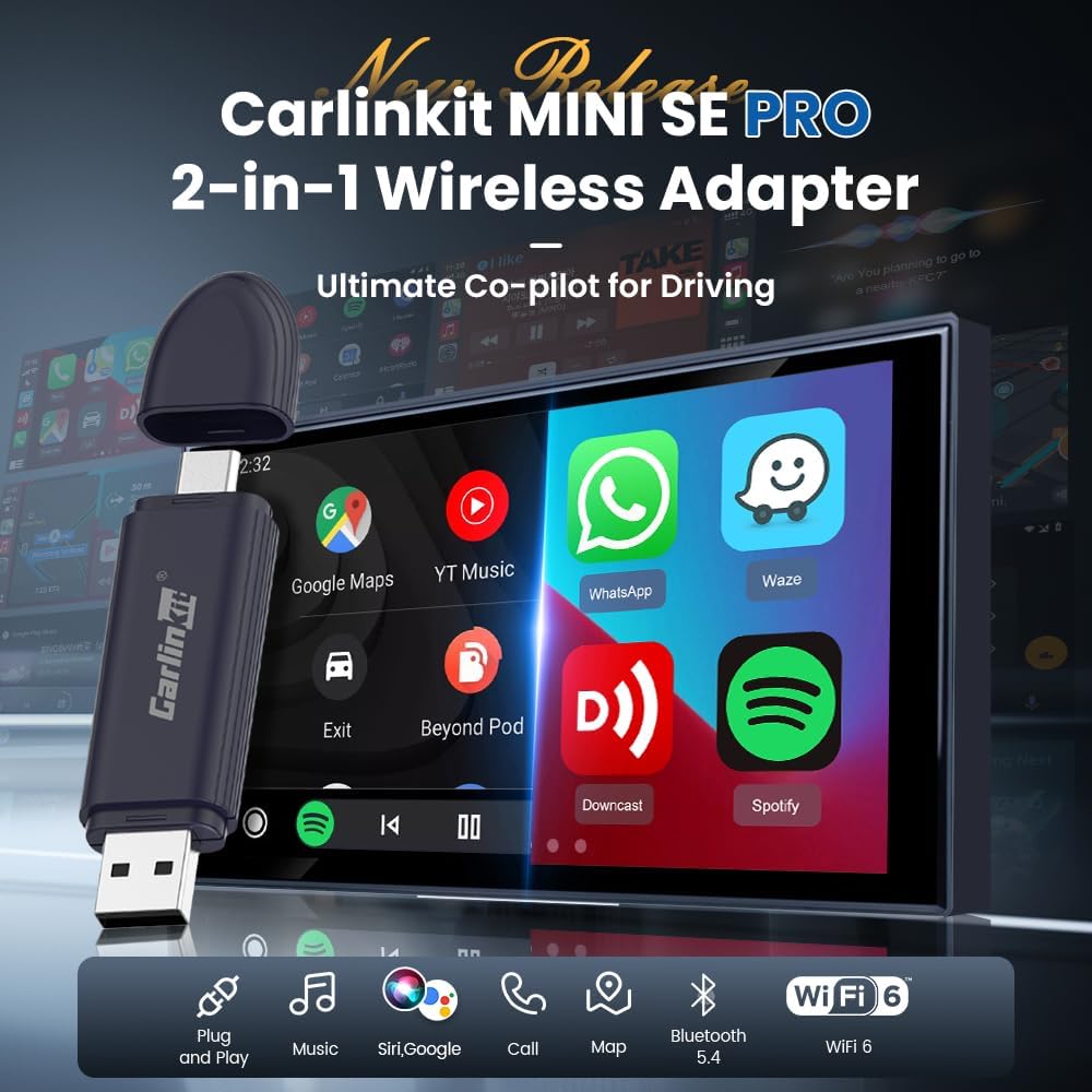 Carlinkit Upgraded 2-in-1 Wireless Stick, MINI SE PRO, Wireless CarPlay Adapter & Android Auto, Built-in Bluetooth 5.4, WiFi 6, Arm A7 Processor, Low Power Consumption (Dark Blue)