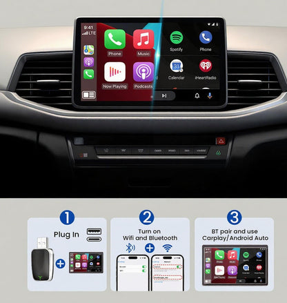Wireless Car-Play Adapter, 2-in-1 Wired to Wireless Converter for Apple Car-Play and An-droid Auto, Compact Plug and Play with USB-C Adapter for Quick Connection