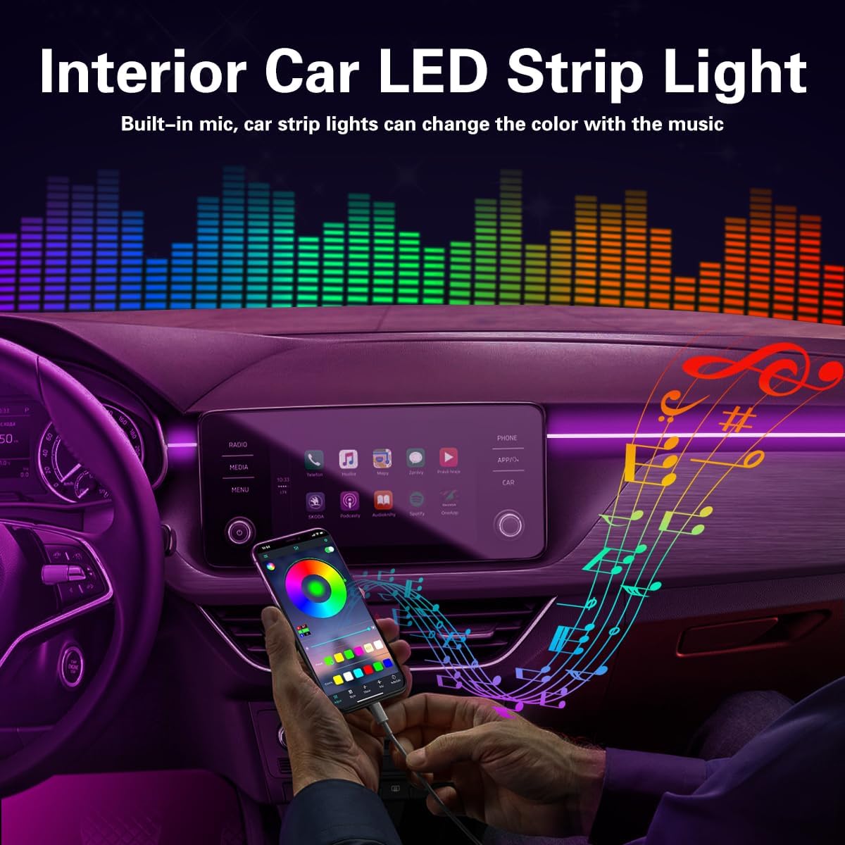 شريط اضاءة LED للسيارة من ليد كير، اضواء داخلية متعددة الالوان بفضاء لوني ار جي بي، 16 مليون لون 9 في 1 مع الياف بصرية 236 انش، مجموعات اضاءة محيطة، وظيفة الصوت النشط وتحكم لاسلكي عبر تطبيق بلوتوث