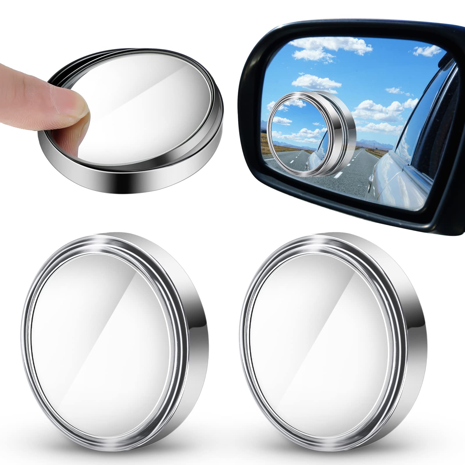 2 Pieces Blind Spot Mirror - 2" Round HD Glass Convex Rear View Mirror with Frame, 360° Wide Angle Side View Mirror Accessories with Self Adhesive Back for Car SUV and Trucks(Black)
