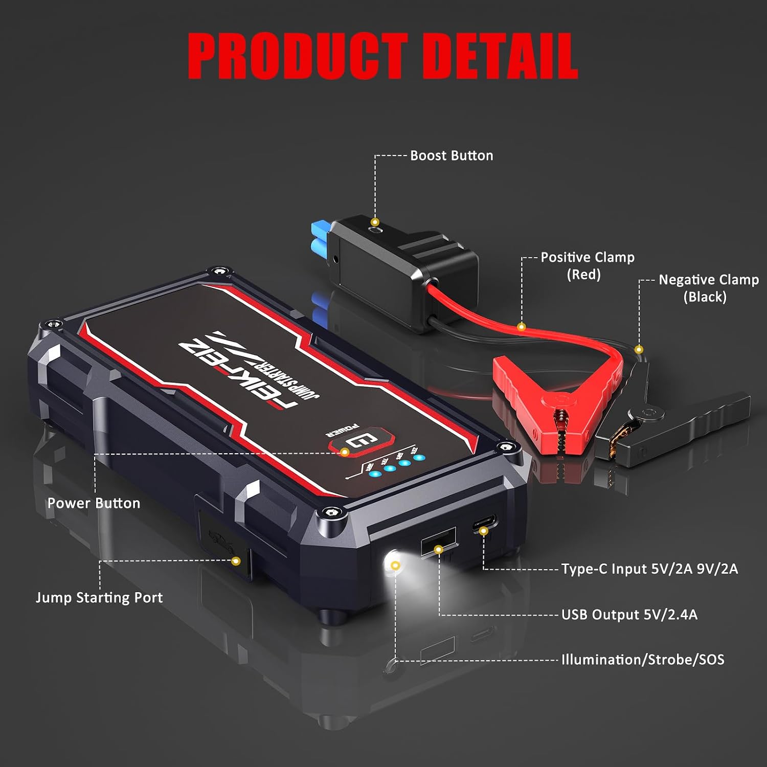 FEIKFEIZ Car Jump Starter, 6000A Peak 26800mAh 12V Battery Jumper Starter Portable for Up to All Gas/8.0L Diesel Vehicles with USB Charge Output Port and LED Lights.
