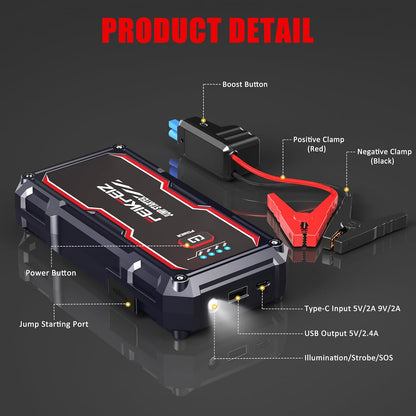 FEIKFEIZ Car Jump Starter, 6000A Peak 26800mAh 12V Battery Jumper Starter Portable for Up to All Gas/8.0L Diesel Vehicles with USB Charge Output Port and LED Lights.