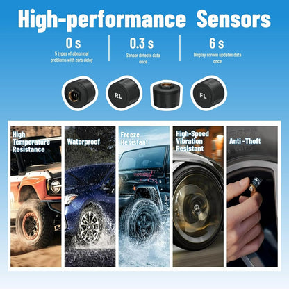 نظام مراقبة ضغط الإطارات مع شاحن شمسي، TPMS 4 مستشعرات، ضغط ودرجة الحرارة في الوقت الحقيقي، شاشة LCD 5 أوضاع إنذار، سهل التركيب للسيارة، RV، SUV، MPV (خارجي)