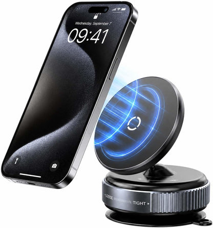 Vacuum Magnetic Car Phone Holder, 360° Rotatable Suction Cup Phone Mount with Strong Magnetic Grip, Adjustable MagSafe Compatible Mobile Holder for Car Dashboard, Mirror, Gym & All Smartphones