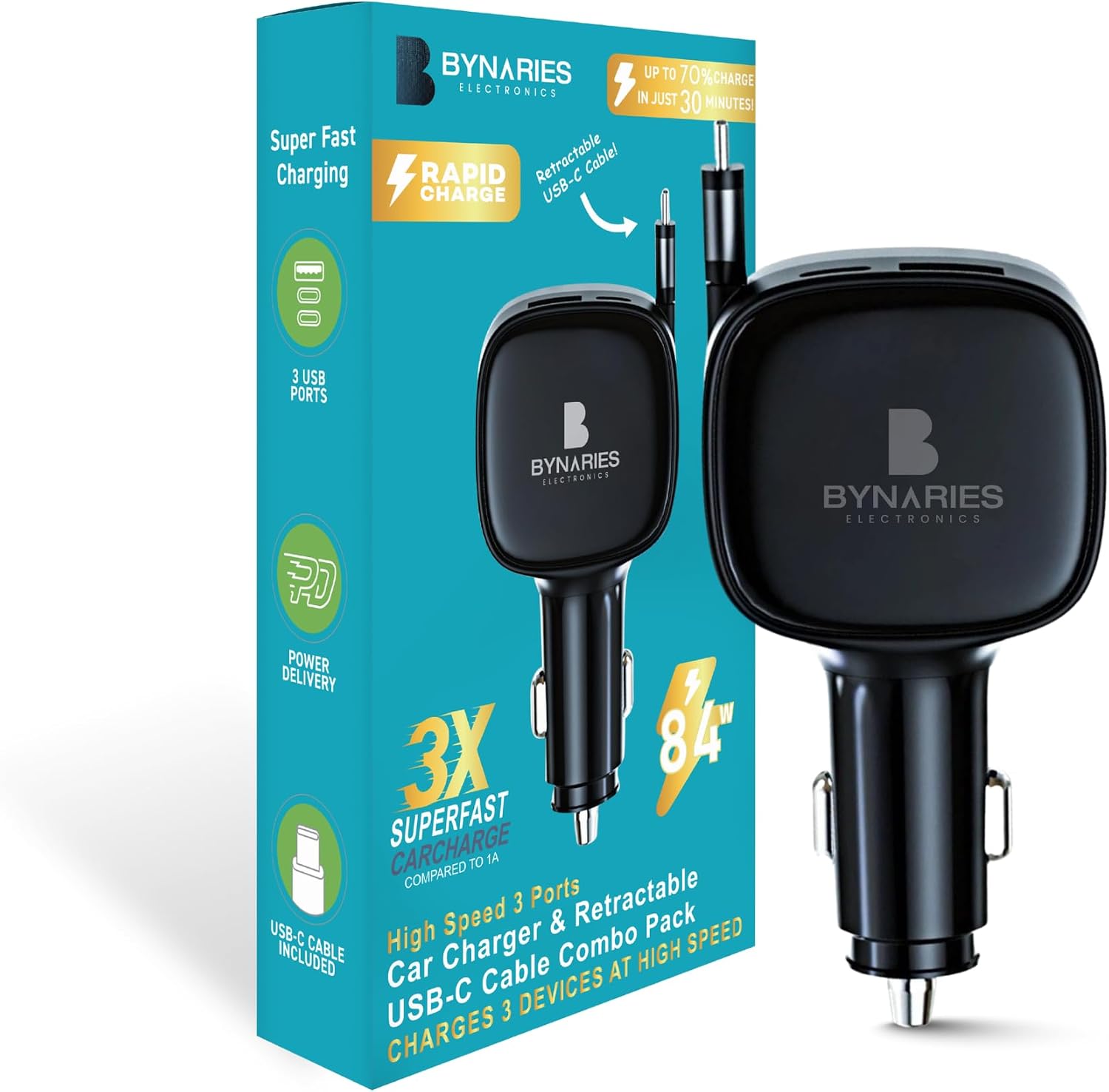 شاحن سيارة قابل للسحب 84 واط من بيناريز، شحن سريع مزدوج PD 33 واط، USB-C مع كيبل شاحن سيارة مدمج 80 سم، صغير للغاية، محول سيارة لايفون 15/16/17، سامسونج، ماك بوك وايربودز.