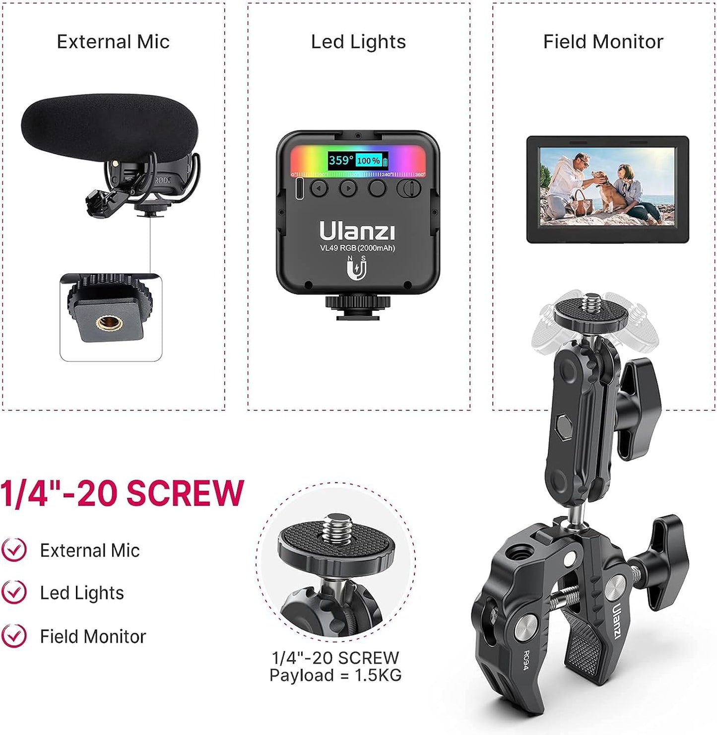 ULANZI Super Clamp Camera Clamp Mount Monitor 360° Ballhead Magic Arm Double Ball Head Adapter with 1/4"-20 & 3/8"-16 Thread ST-07 Phone Tripod Mount
