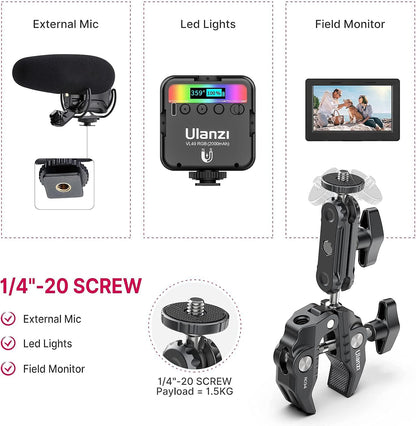 ULANZI Super Clamp Camera Clamp Mount Monitor 360° Ballhead Magic Arm Double Ball Head Adapter with 1/4"-20 & 3/8"-16 Thread ST-07 Phone Tripod Mount