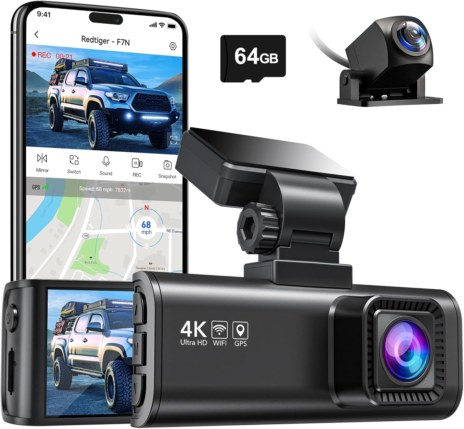 REDTIGER F7N 4K Dual Dash Cam with 64GB Card, WiFi GPS, 4K Front and Back 1080P, 170° Wide Angle Dash Camera for Cars, 3.18" Screen, Parking Monitor, Supports 256GB Max