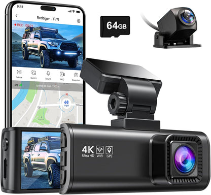 REDTIGER F7N 4K Dual Dash Cam with 64GB Card, WiFi GPS, 4K Front and Back 1080P, 170° Wide Angle Dash Camera for Cars, 3.18" Screen, Parking Monitor, Supports 256GB Max