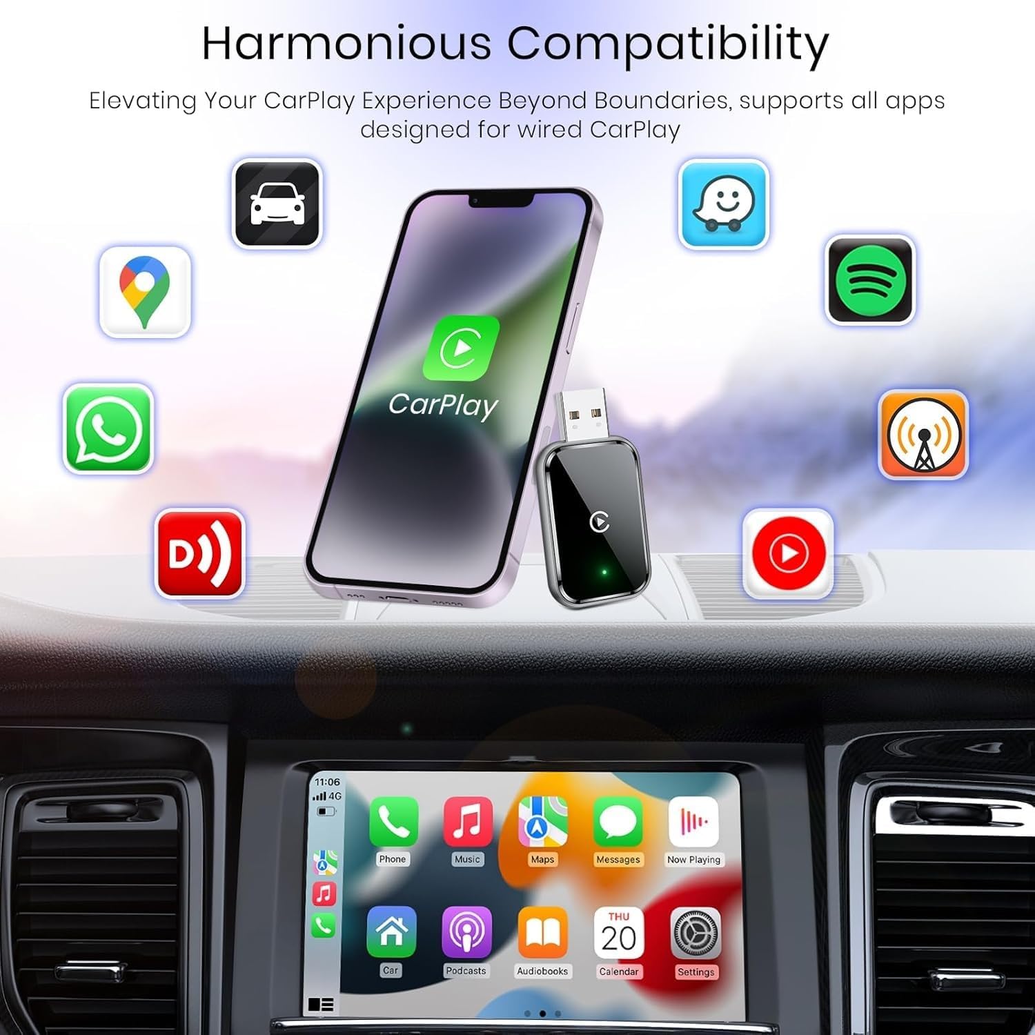 Wireless CarPlay Adapter for iPhone, USB-C CarPlay Dongle, Mini Plug & Play Bluetooth Adapter to Convert Wired to Wireless Car Play, USB/Type-C, No Delay