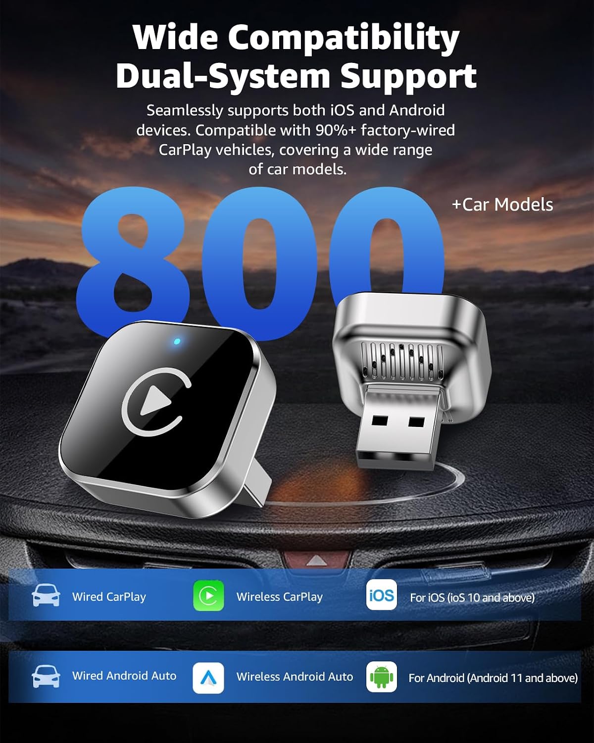 CarPlay Wireless Adapter & Android Auto Adapter, 2026 Upgrade 2-in-1 Plug & Play USB/USB-C Dongle, Converts Wired to Wireless for Cars, Fast Stable Connection, Fits iPhone & Android, Silver