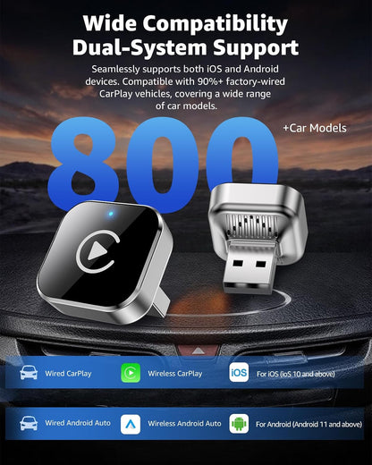 CarPlay Wireless Adapter & Android Auto Adapter, 2026 Upgrade 2-in-1 Plug & Play USB/USB-C Dongle, Converts Wired to Wireless for Cars, Fast Stable Connection, Fits iPhone & Android, Silver