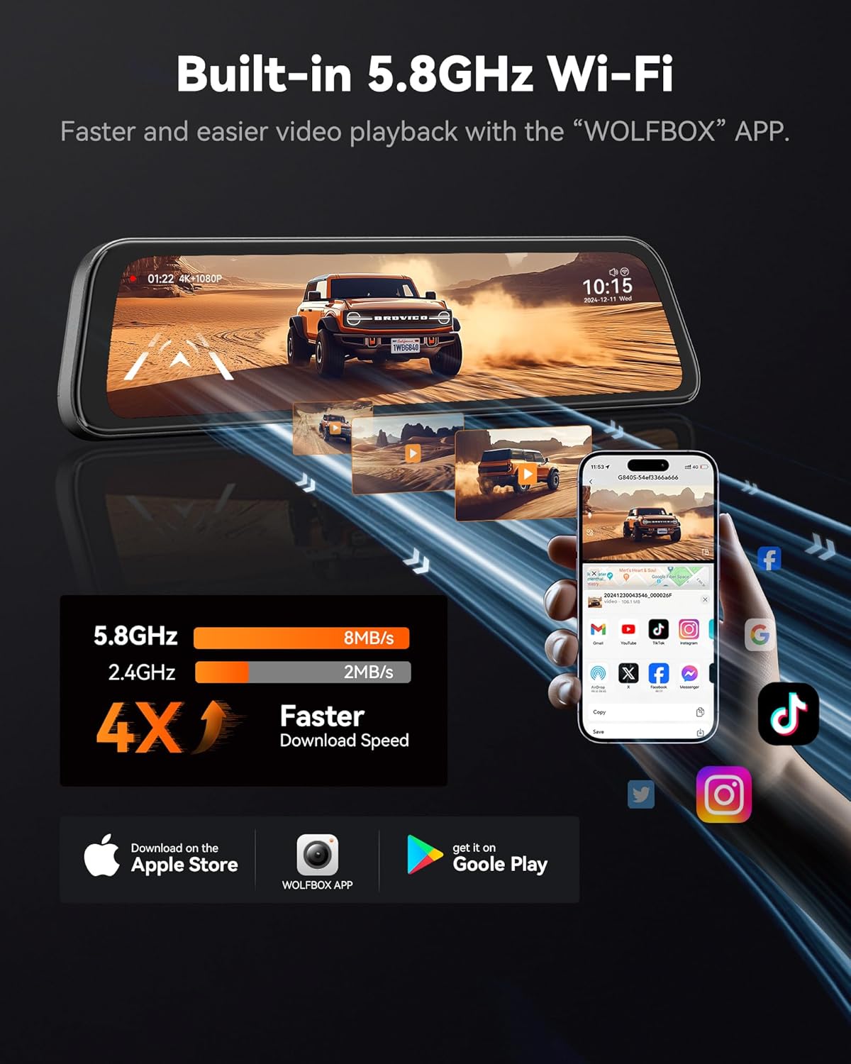كاميرا ولف بوكس G840S 12 بوصة بدقة 4K، مرآة رؤية خلفية ذكية بتقنية WiFi 5.8 جيجاهرتز للسيارات والشاحنات، كاميرا رؤية أمامية وخلفية مزدوجة، رؤية ليلية، مساعدة في ركن السيارة، بطاقة 32 جيجا بايت متضمنة