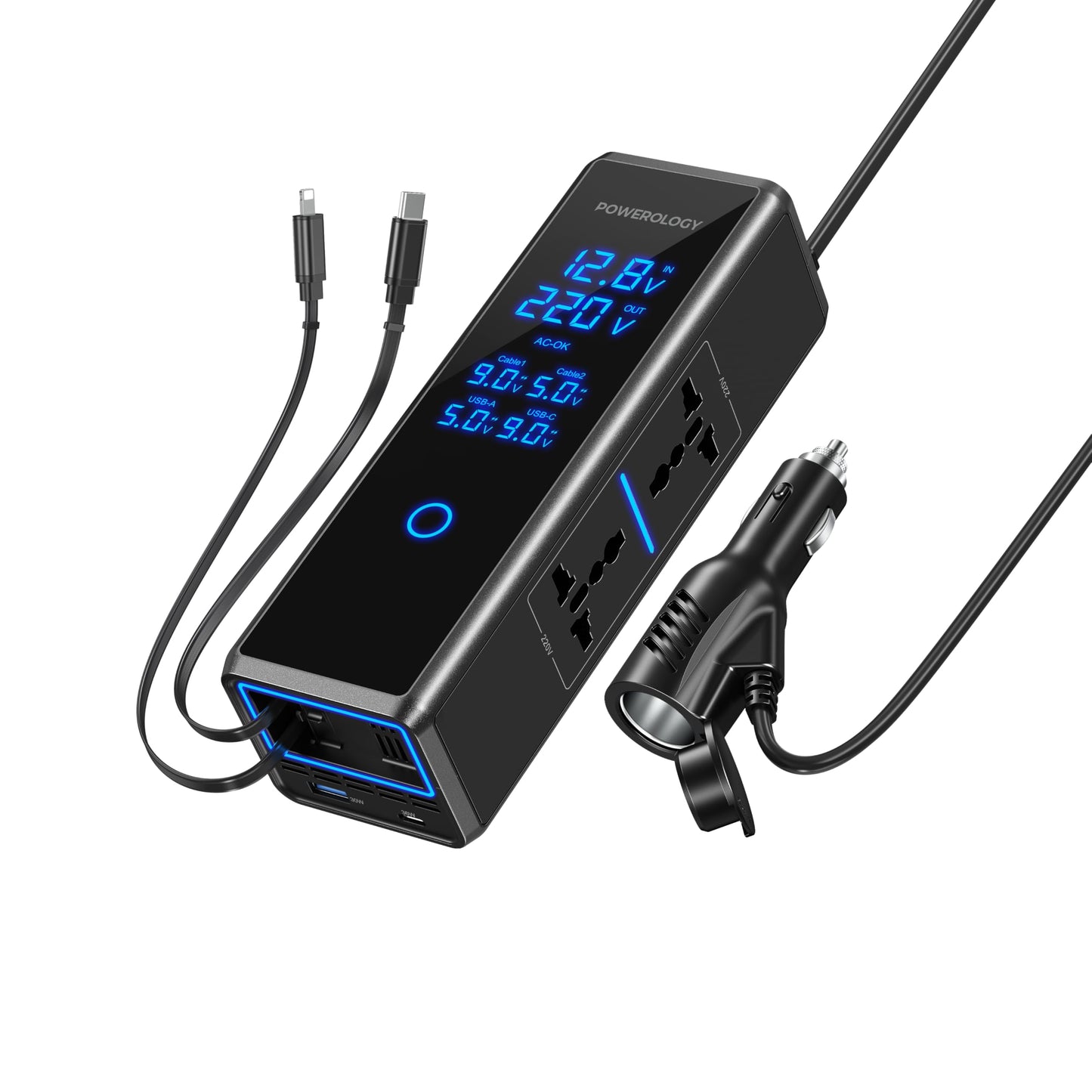 باورلوجي عاكس كهربائي للسيارة 300 واط، منفذان AC، منفذان USB بشحن سريع بقدرة 36 واط، محول قابس مدمج للمركبات، شاشة عرض الجهد، شاحن سيارة للهاتف أو الكمبيوتر المحمول، حماية مدمجة