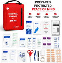MOOR Essential First Aid & CPR Kit – Complete Emergency Survival Kit with Instant Ice Pack, Nitrile Gloves, CPR Face Shield, Gauze Pads, Bandages for Car, Home, Travel, Camping, Office