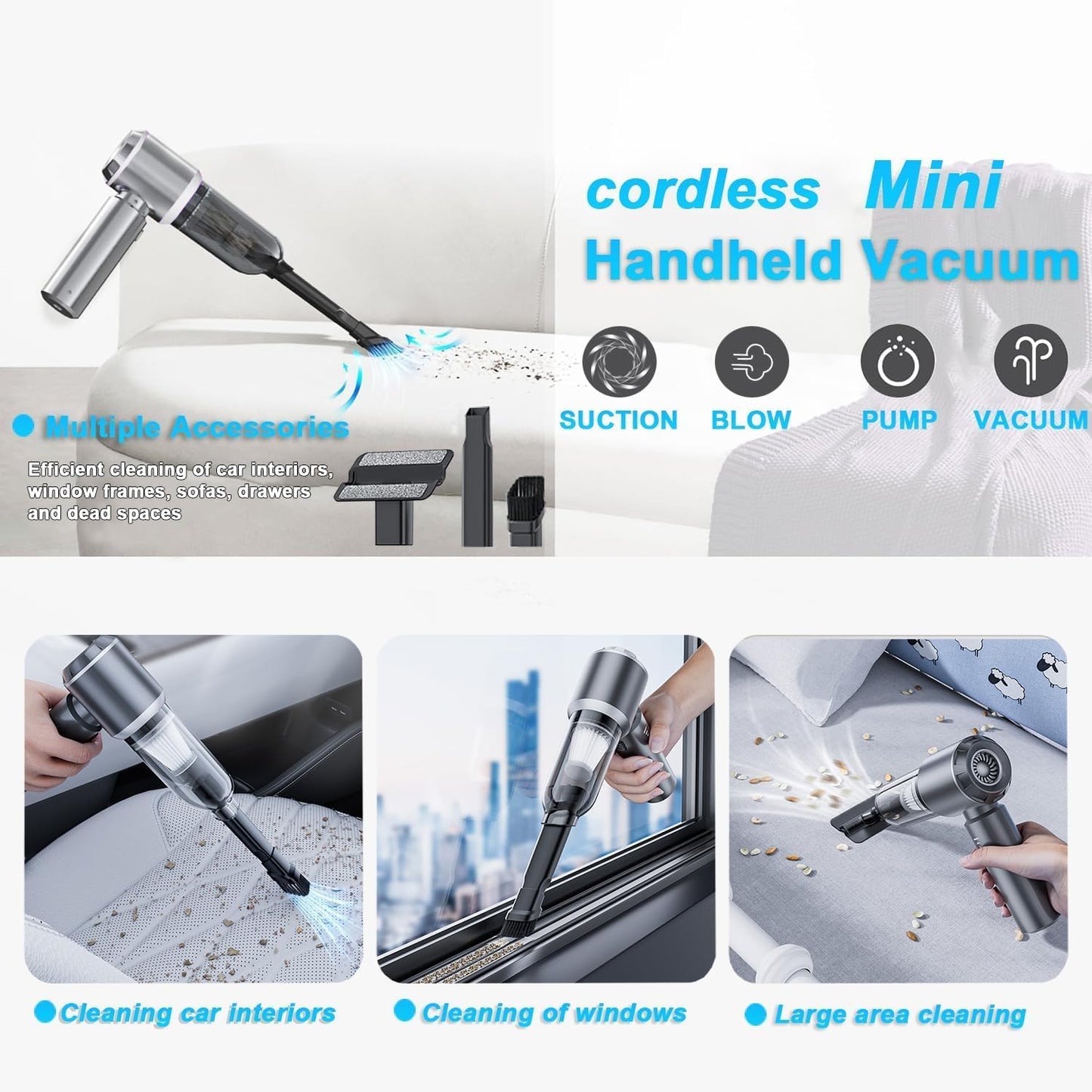4-in-1 Car Vacuum Cleaner Wireless, 25KPa Portable Cordless Vacuum Cleaner with 3 Gears, High Power Air Duster for Car, Home, Office, Camping