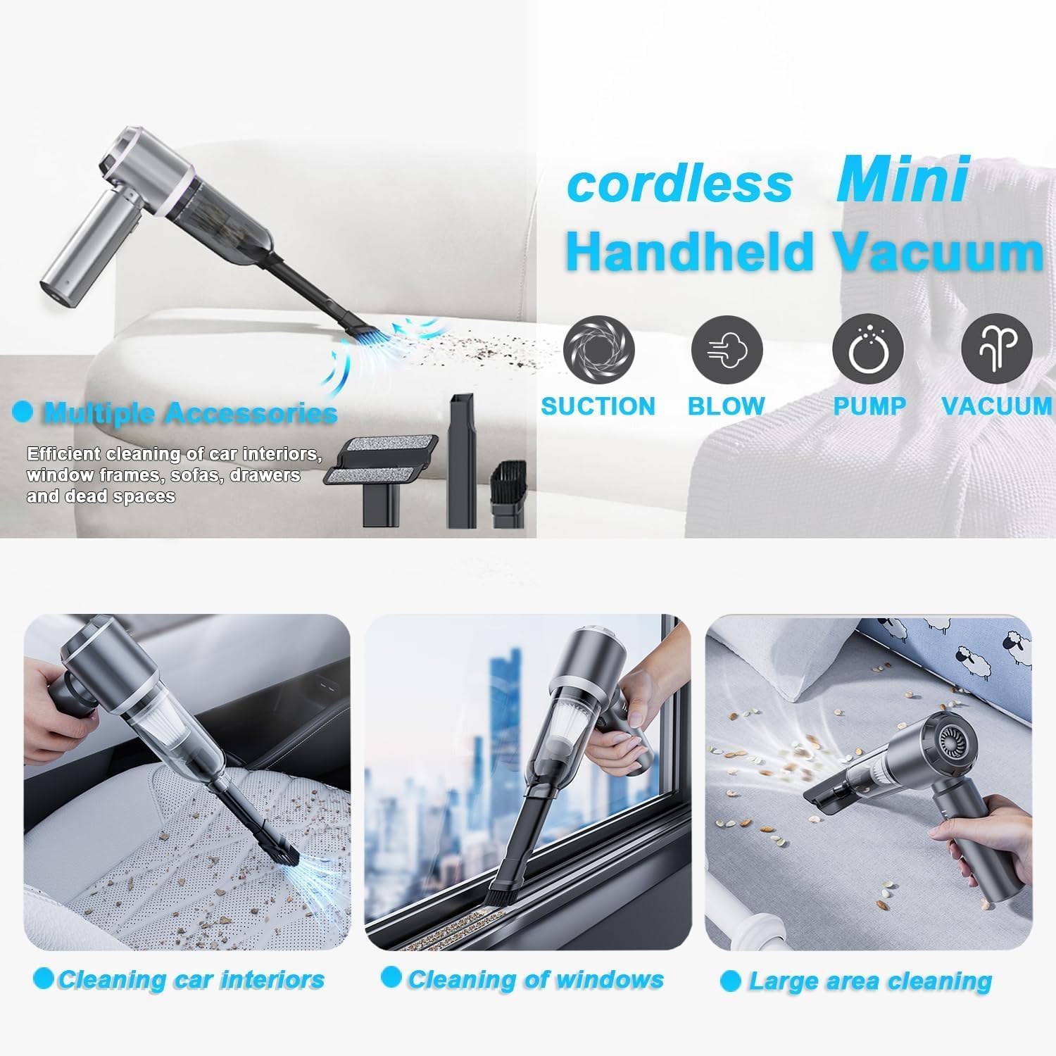 4-in-1 Car Vacuum Cleaner Wireless, 25KPa Portable Cordless Vacuum Cleaner with 3 Gears, High Power Air Duster for Car, Home, Office, Camping