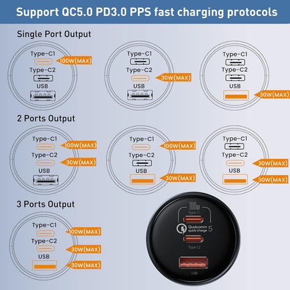 شاحن سيارة USB C، شاحن سيارة باسيوس 160 واط، محول شاحن سيارة سريع QC5.0 PD3.0 بـ3 منافذ، شاحن USB لولاعة السجائر لايفون كروم بوك وسامسونج جالاكسي S21 وايباد برو وماك بوك 2021 وديل لابتوب