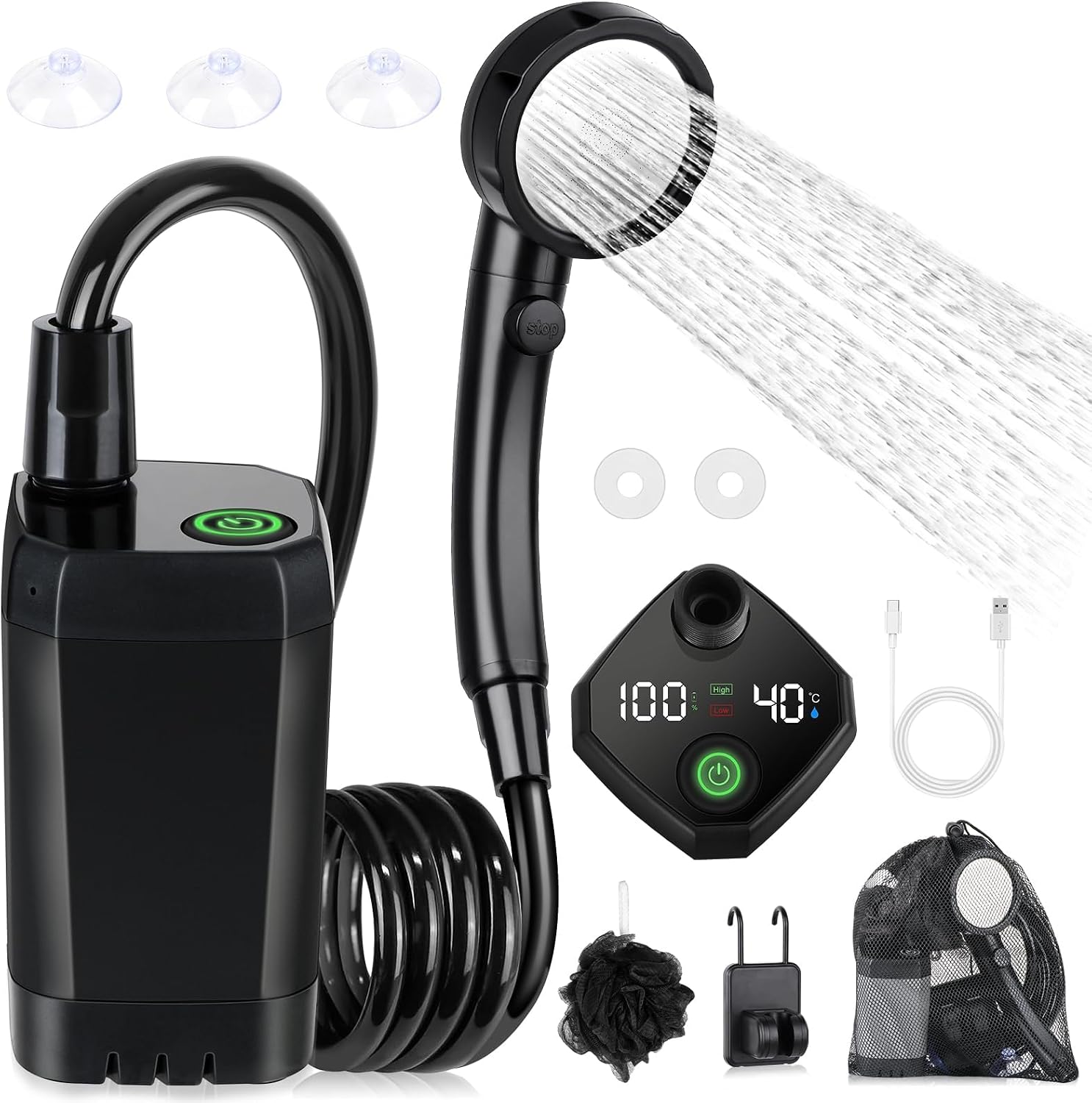 Portable Shower for Camping, 6000mAh Rechargeable Camping Shower Pump with LED Display of Battery Level and Temperature, 4 Spray Modes, IPX7 Waterproof Outdoor Camp Pump for Hiking, Travel, Car