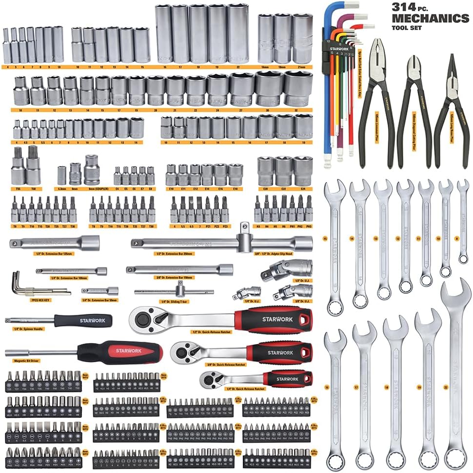 STARWORK True Mechanic™ 314-Piece Mechanics Tool Set and Socket Set, Professional Metric Set