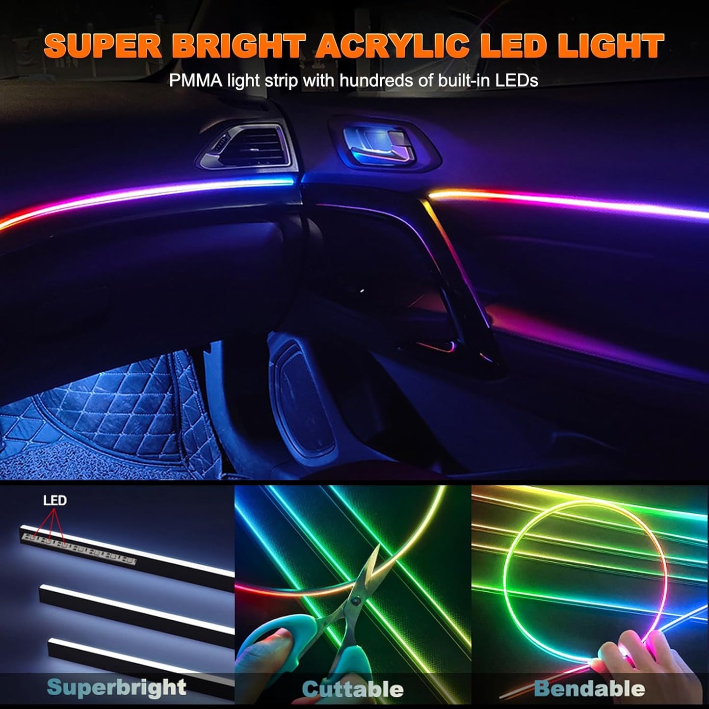 اضواء شريط داخلي LED للسيارة من جوشوب، اضواء LED اكريليك للسيارة مع تقنية Dreamcolor الديناميكية، مجموعة اضاءة محيطة مع تحكم لاسلكي في التطبيق وجهاز تحكم عن بعد بالترددات الراديوية (6 في 1)