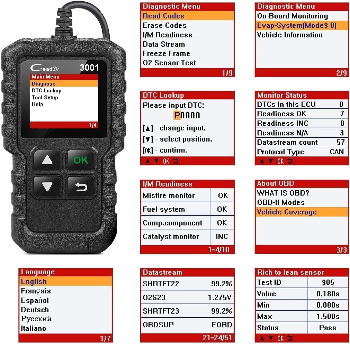 جهاز كشف أعطال السيارات لونش كريدر 3001 بنظام OBD2 لفحص أعطال لمبة فحص المحرك وحساس الأكسجين، أداة تشخيص السيارات لجميع بروتوكولات OBDII منذ 1996