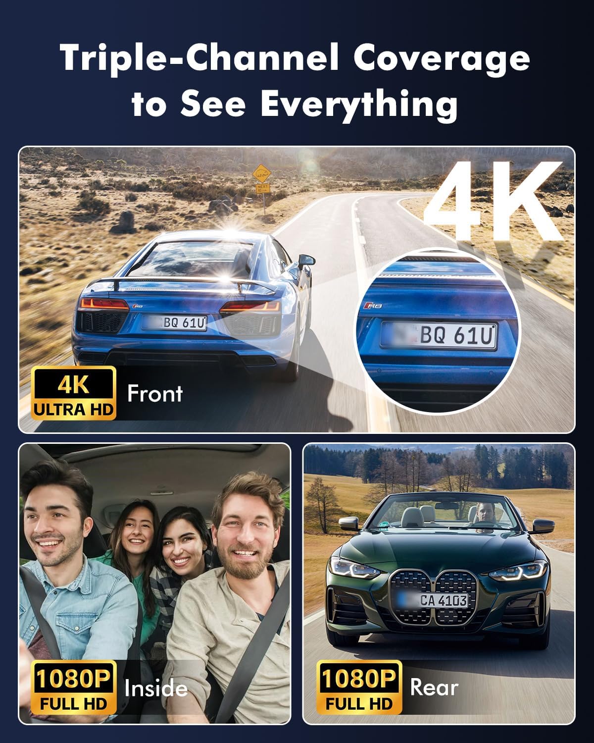 4K 3 Channel Dash Cam Front and Rear Inside for Uber Taxi, Dual Front Lens, Interior Night Vision, WiFi 6 GPS, 24H Parking Mode, 64GB Card, Heat Resistant Dashcam for Cars (V1)