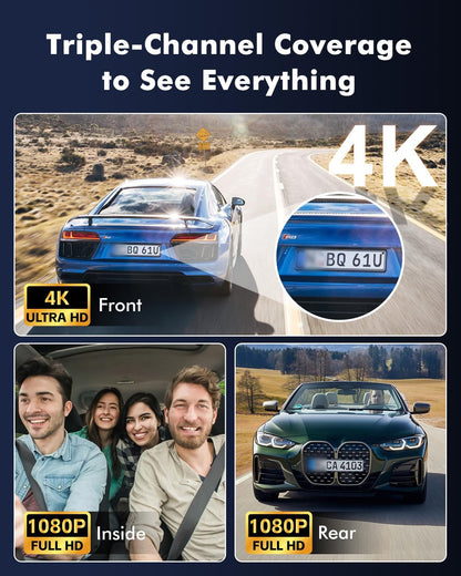 4K 3 Channel Dash Cam Front and Rear Inside for Uber Taxi, Dual Front Lens, Interior Night Vision, WiFi 6 GPS, 24H Parking Mode, 64GB Card, Heat Resistant Dashcam for Cars (V1)