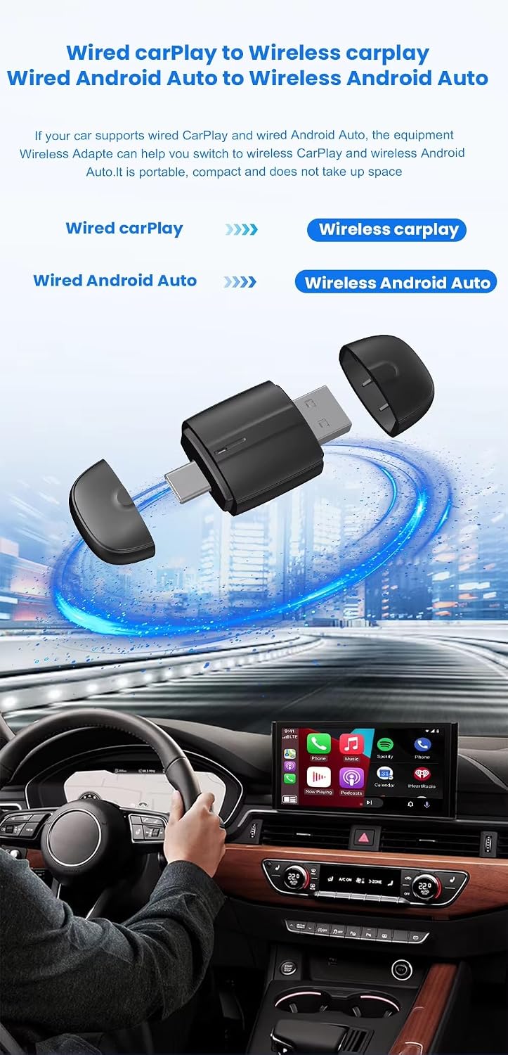 محول كاربلاي لاسلكي واندرويد اوتو - USB A + نوع C واجهة مزدوجة 2 في 1 دونجل لاسلكي لتشغيل السيارات او اي ام السلكي