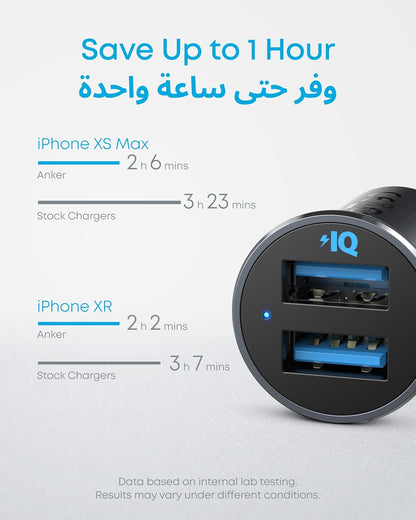 شاحن سيارة من انكر، شاحن سيارة معدني ميني 24 واط/4.8 امبير مع منفذ USB مزدوج، محول سيارة باور درايف 2 مع مصباح ليد أزرق، لهاتف ايفون 16/15/14/13/12، سامسونج، هواوي، شاومي، ريدماي، فيفيو، اوبو والمزيد