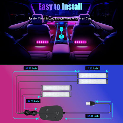 مصباح داخلي LED ذكي للسيارة من هوناليا مع تطبيق تحكم ومزامنة الموسيقى بالوان RGB متغيرة لتزيين السيارة الداخلية، شريط اضاءة نيون صلب متعدد الالوان مع منفذ USB للنساء والرجال والاصدقاء تيار مستمر 5