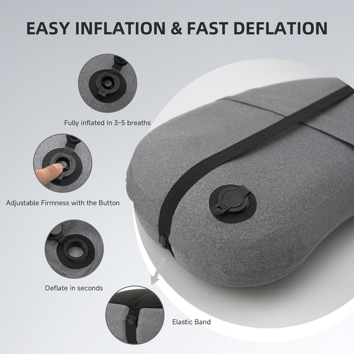 Ultralight Inflatable Camping Pillow with Removable Washable Cover – Compact, Portable Travel Neck Cushion with Adjustable Firmness for Hiking, Office, Airplane, Car & Beach Use (Black)