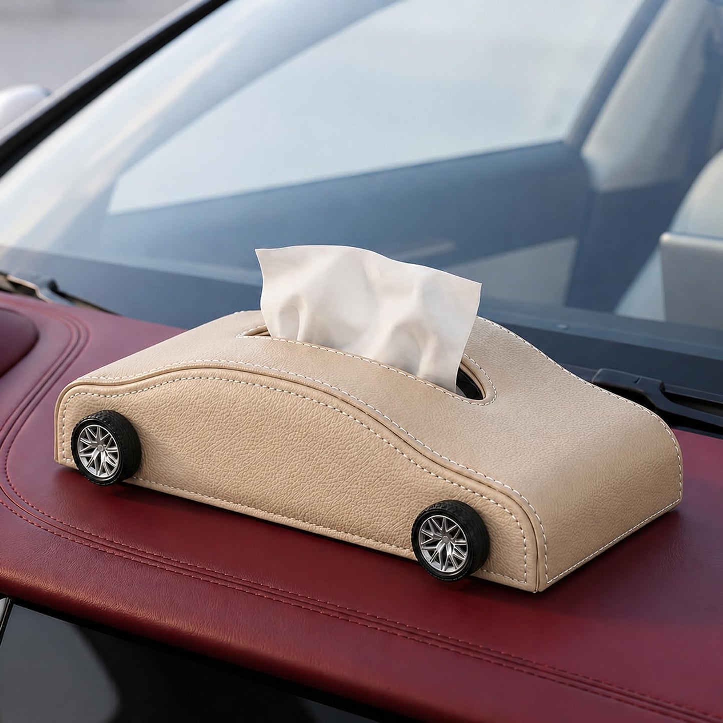 Car-Shaped Tissue Box Holder, PU Leather Tissue Case with Anti-Slip Base, Auto Interior Organizer Napkin Holder, Luxury Car Accessories for Dashboard (Black and beige)