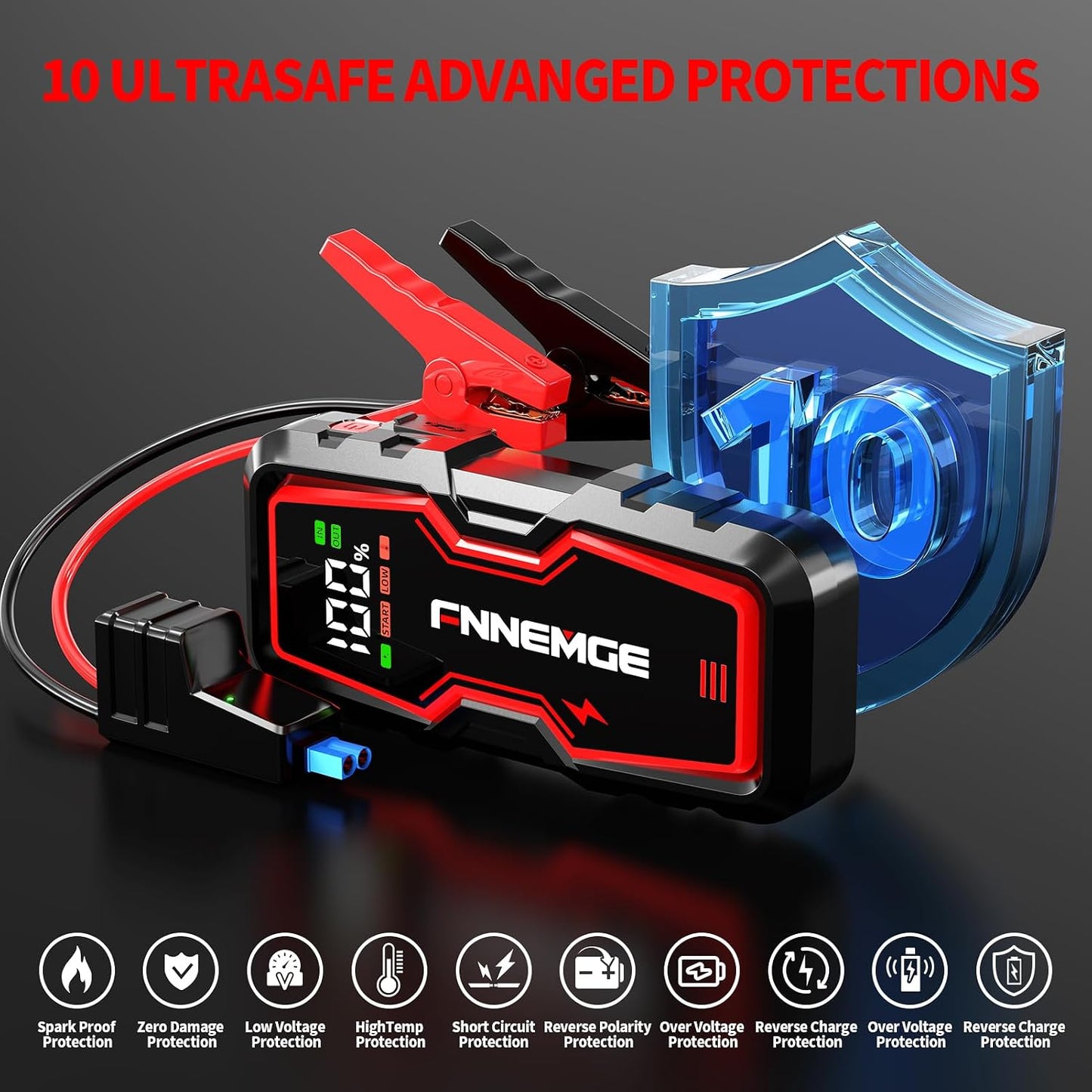 FNNEMGE Car Jump Starter, 9000A Peak 26800mAh 12V Jump Starter Battery Pack(Up to All Gas, 10.0L Diesel Engine),with USB Charge Output Port,LED Light,HD Large Screen
