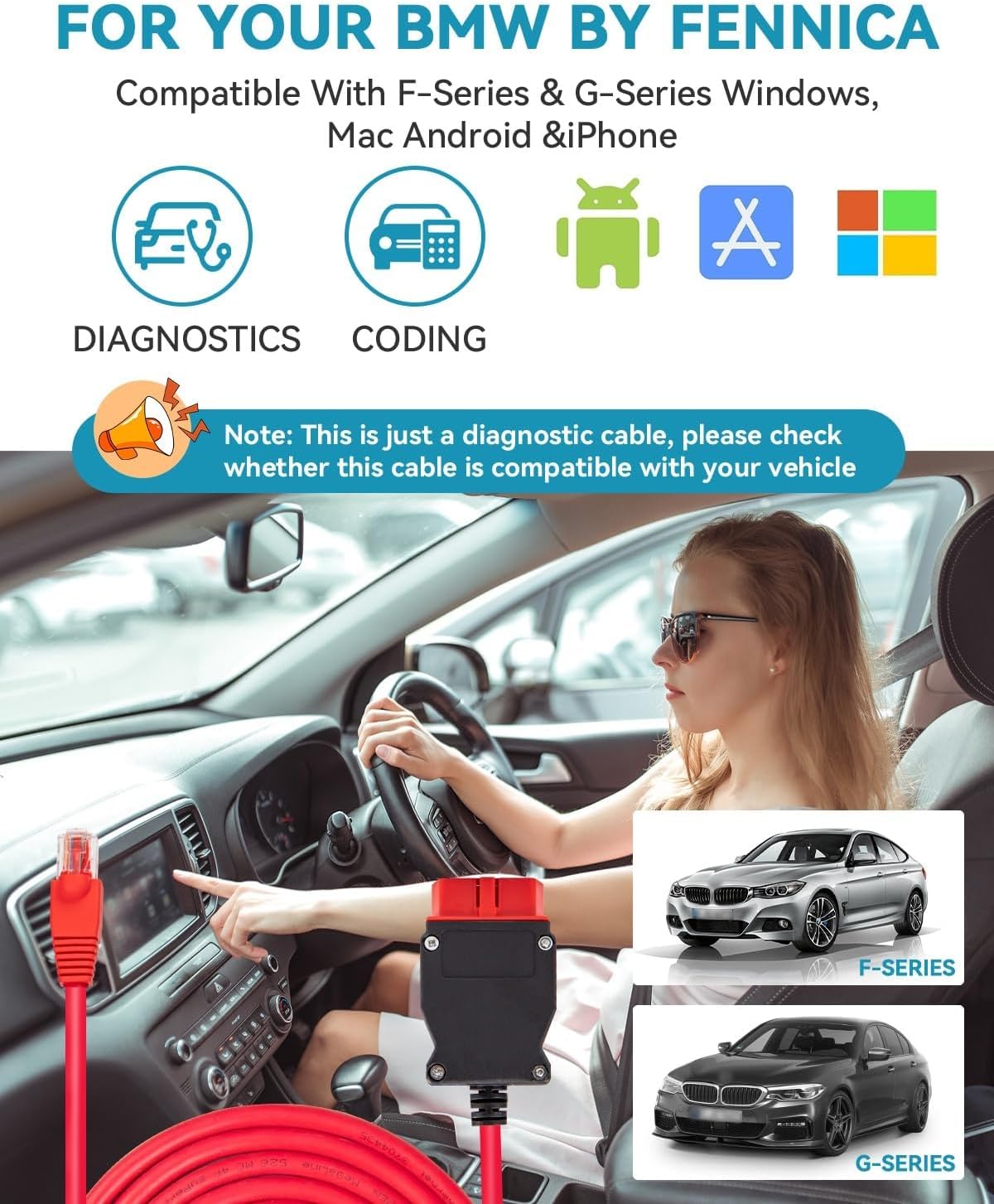 كيبل او بي دي 2 لترميز سلسلة بي ام دبليو F G i، كيبل ايثرنت 6.6 قدم الى OBDII مع محول USB-C لبرنامج بي ام دبليو اي اس واي اس اي اس اي بلس من اينيت