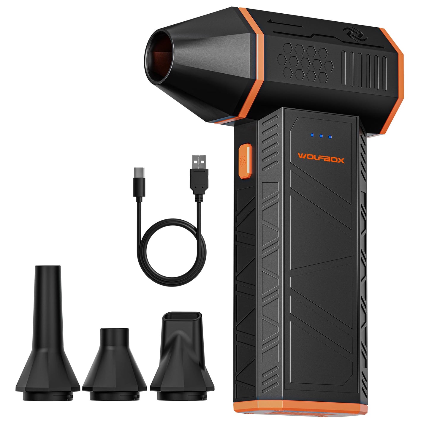 منفاخ هواء كهربائي من طراز MegaFlow 50 من WOLFBOX بسرعة 110000 دورة في الدقيقة، منفاخ صغير قابل لضبط 3 سرعات، لاسلكي، شحن سريع، مناسب لإزالة الغبار في أجهزة الكمبيوتر، لوحات المفاتيح، السيارات