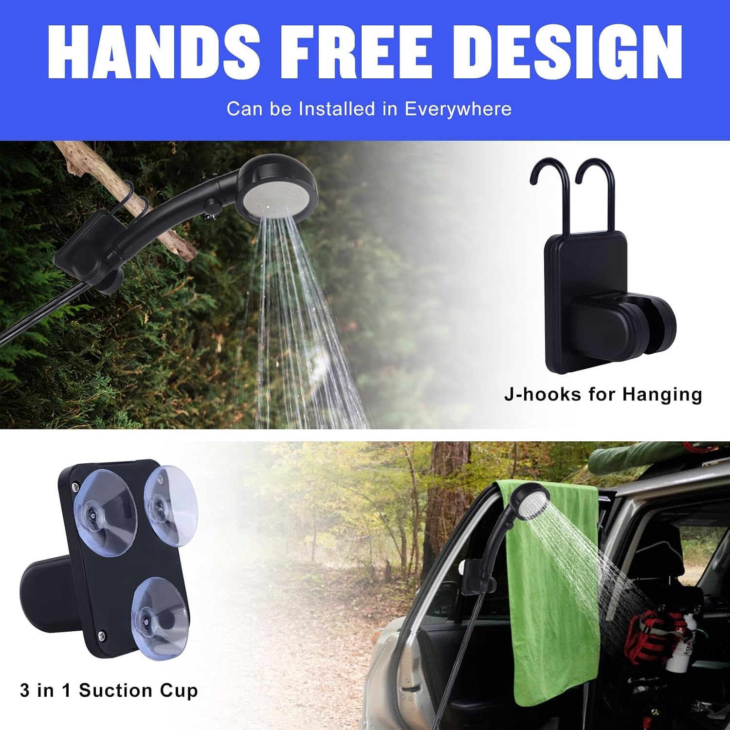 Portable Shower for Camping, 6000mAh Rechargeable Camping Shower Pump with LED Display of Battery Level and Temperature, 4 Spray Modes, IPX7 Waterproof Outdoor Camp Pump for Hiking, Travel, Car