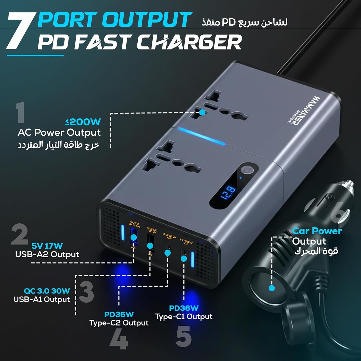 محول طاقة للسيارة 200 واط من هامنر، محول تيار مستمر 12 فولت الى 220 فولت تيار متردد 2 منفذ USB 2 منفذ نوع C، محول قابس السيارة مع مفتاح وشاشة LED تيارية، مناسب للسيارات وسيارات الدفع الرباعي والشاحنات