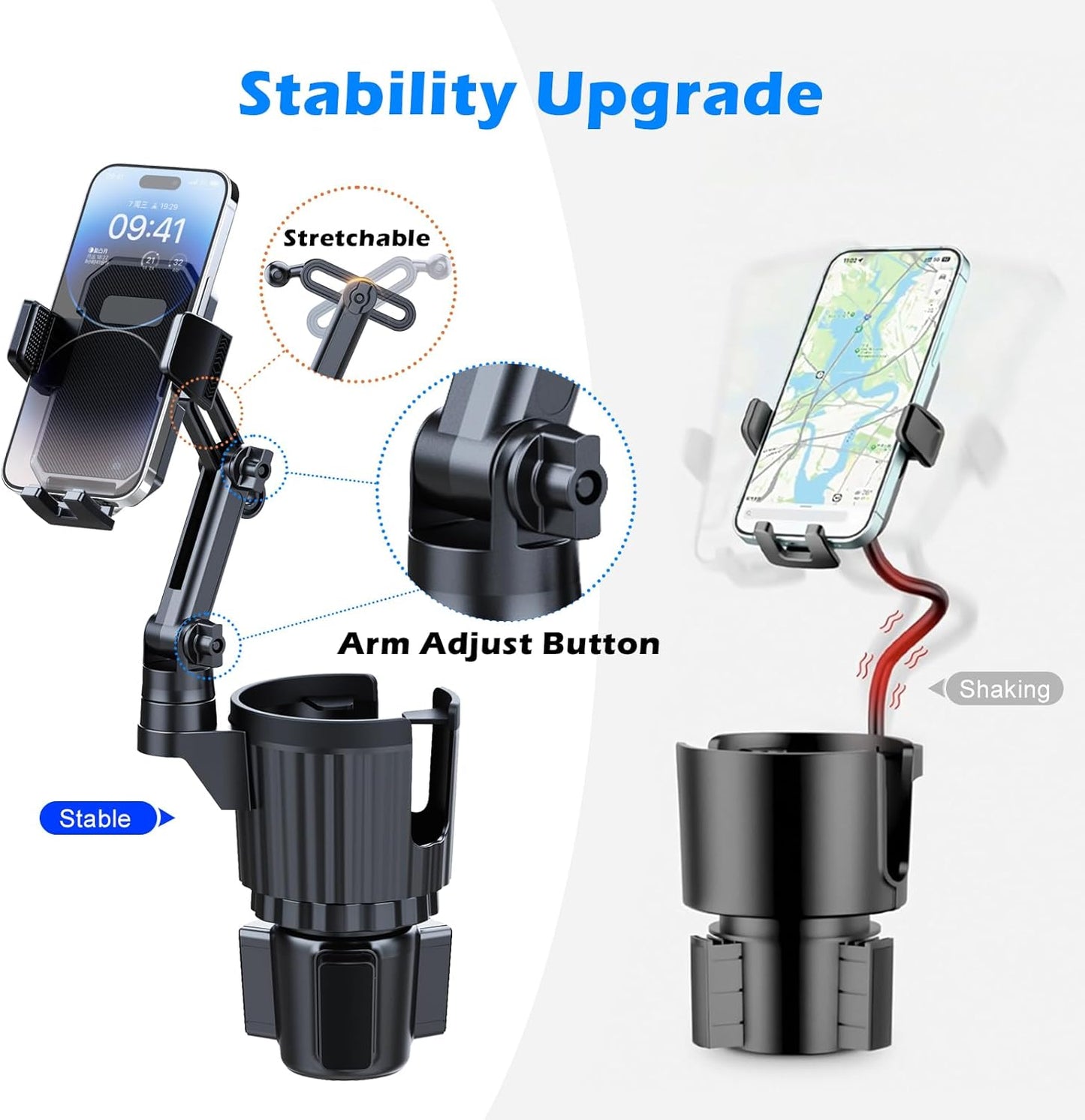 Car Cup Holder Phone Mount, 2-in-1 Universal Stand with Cup Holder Expander, 360° Rotation, Black, ABS Plastic, compatible with iPhone and Android
