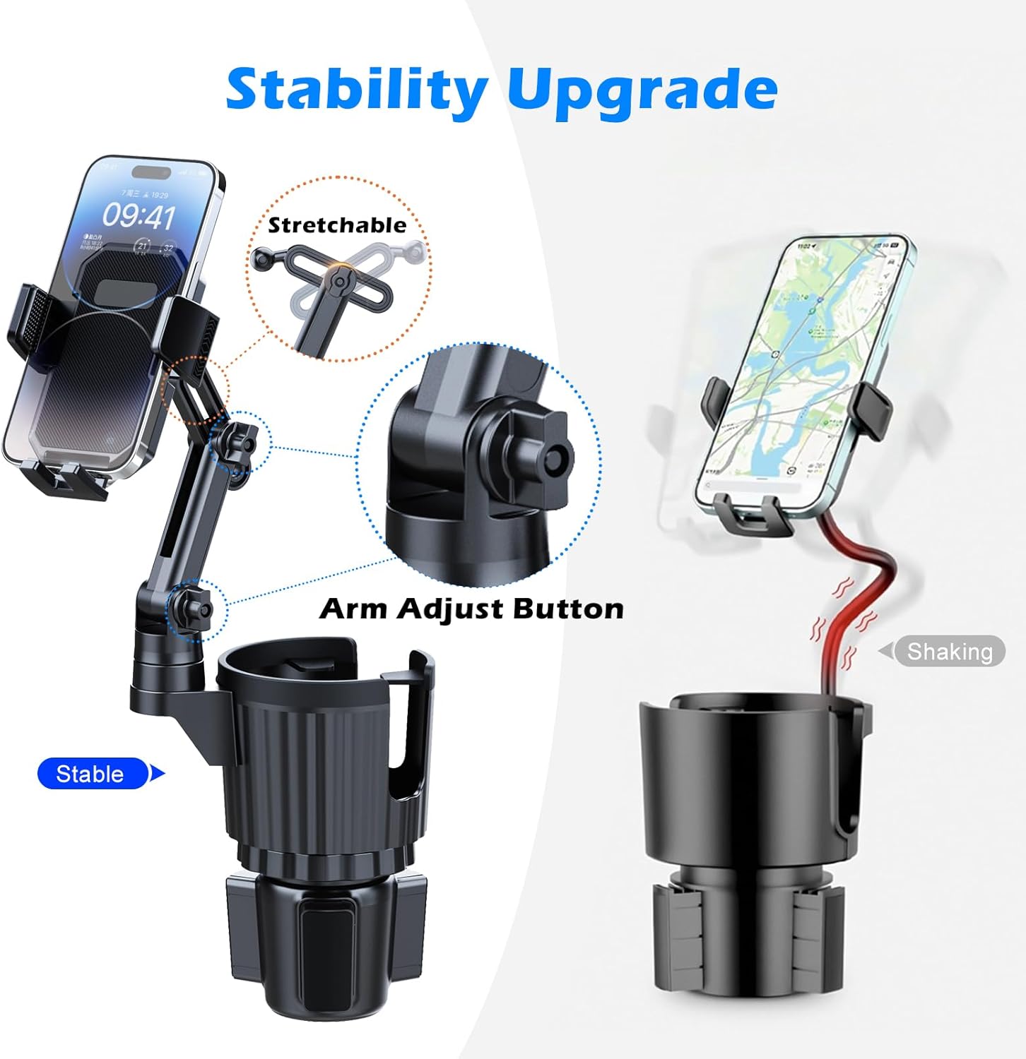Car Cup Holder Phone Mount, 2-in-1 Universal Stand with Cup Holder Expander, 360° Rotation, Black, ABS Plastic, compatible with iPhone and Android