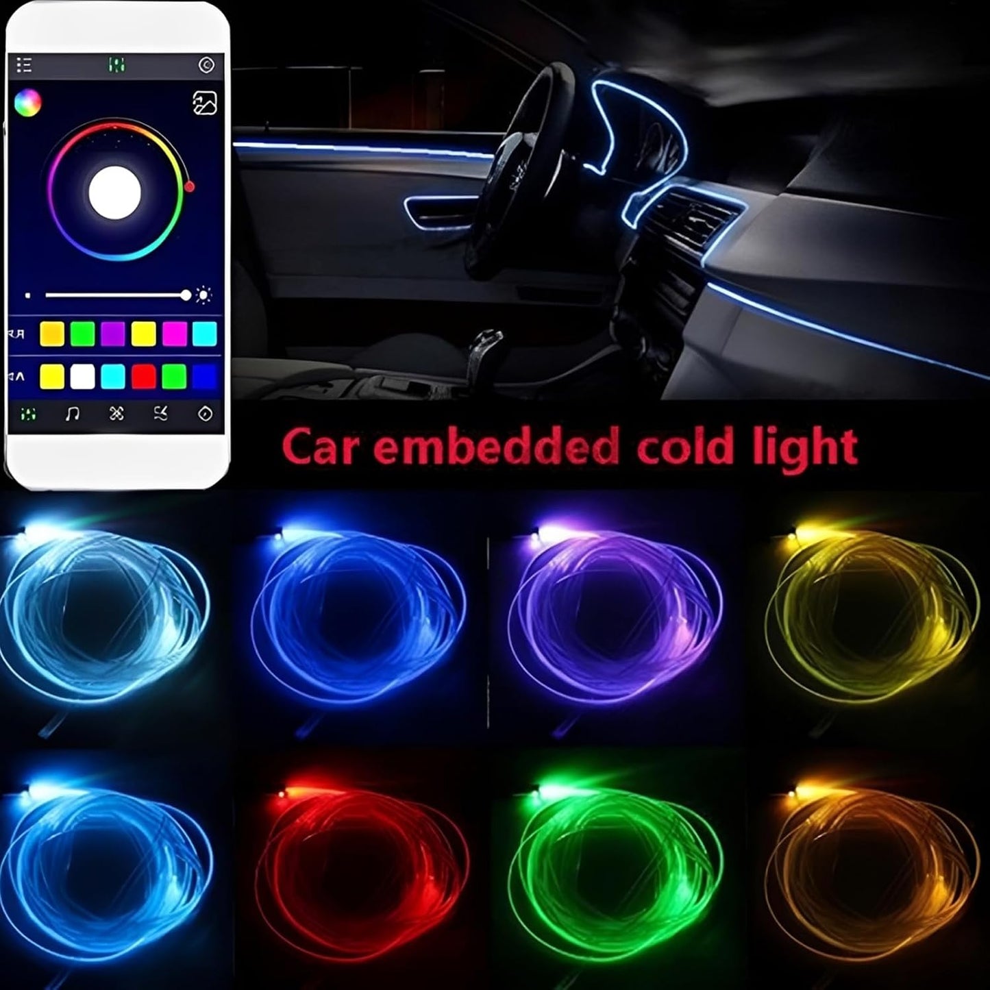 شريط إضاءة LED للسيارة من وازيكيز، أضواء داخلية للسيارة بالألوان المتعددة RGB 5 في 1 مع ألياف بصرية بطول 6 متر يناسب جميع السيارات، ديكور لوحة العدادات، تحكم عبر تطبيق البلوتوث