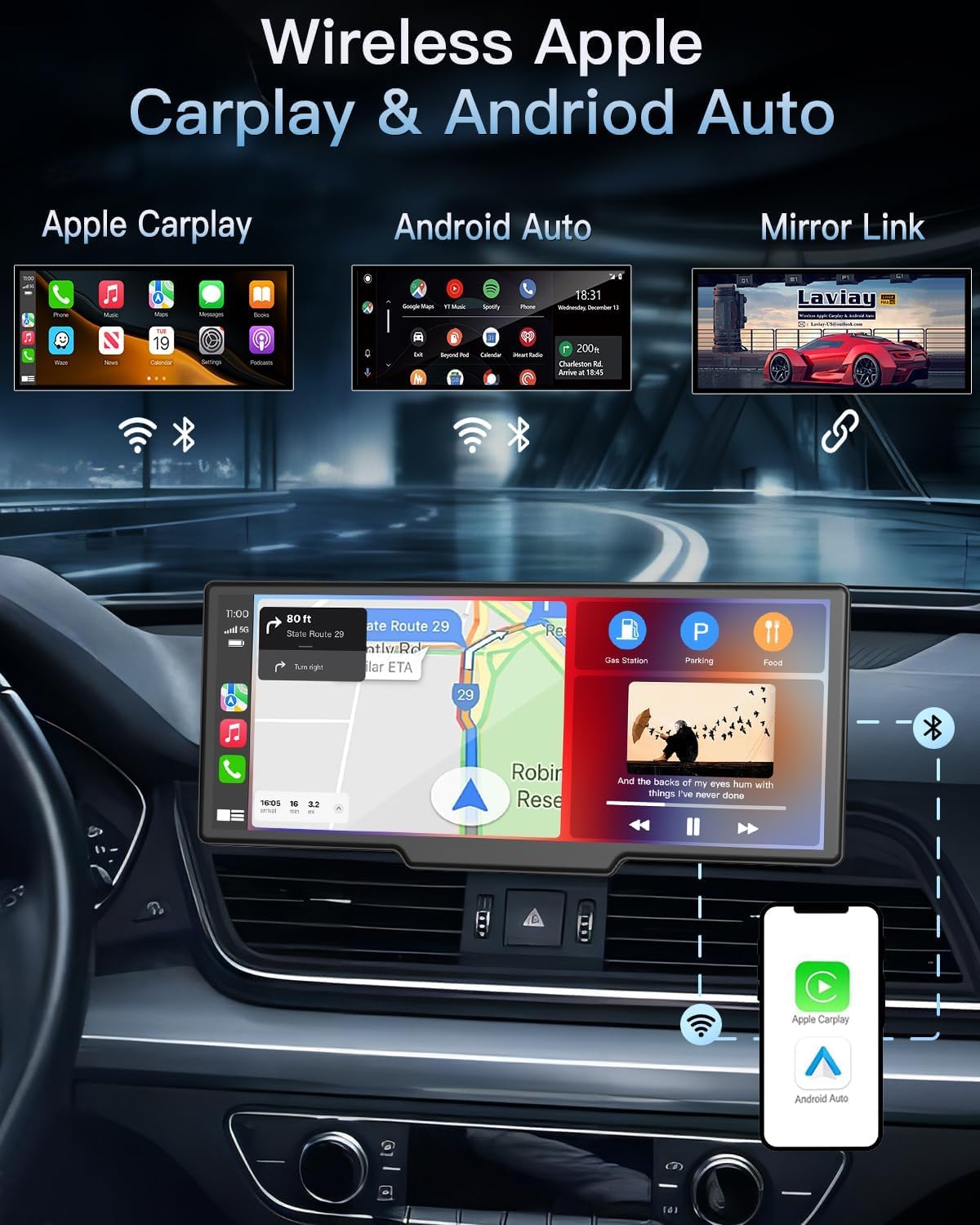 Violety Portable Wireless CarPlay Touchscreen for Car: 4K Apple Carplay & Android Auto Car Play Screen with 4K Dash Cam/1080p Rear Camera/GPS Navigation/Bluetooth/Mirror Link/AirPlay (10.26 in)