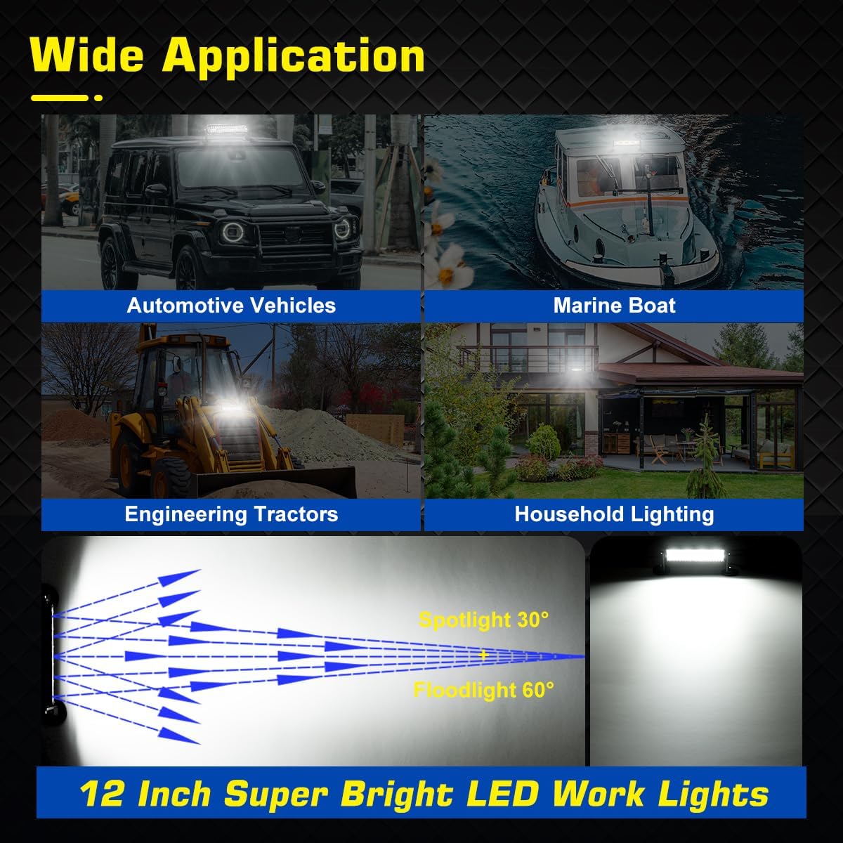 Magnetic LED Light Bar, Super Bright 12 Inch Combo Beam Cigarette Lighter Light Strip 6000 K with Strong Magnets 4-Way Mounting, 12 V 24 V Tractor Work Light Strip for ATV Cars Trailers