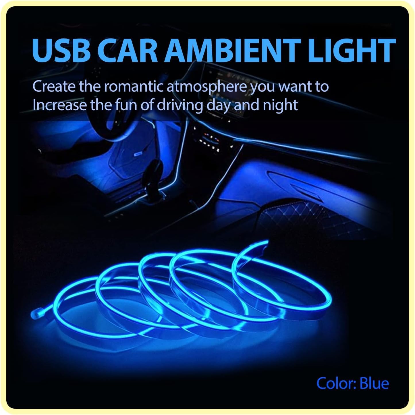 Interior Car LED Strip Lights, USB Auto Neon Light Strip with Sewing Edge, 5m Neon Light 5V with Fuse Protection, Car Ambient Lighting Kits (Blue)