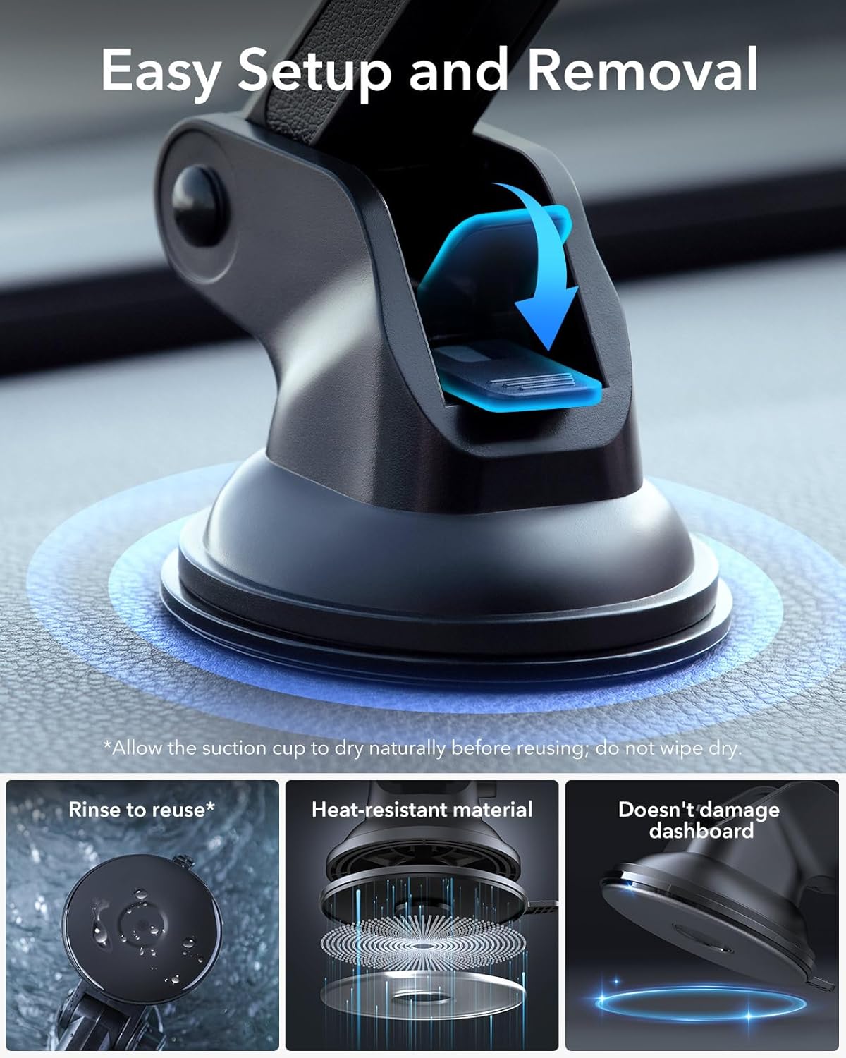 ESR Dashboard Magnetic Phone Holder for Car, for MagSafe Car Mount, Windshield Vacuum Car Mount for iPhone 17/16/16e/S25/Google Pixel 10, Car Accessories, Charging Not Supported,2 Metal Rings Included
