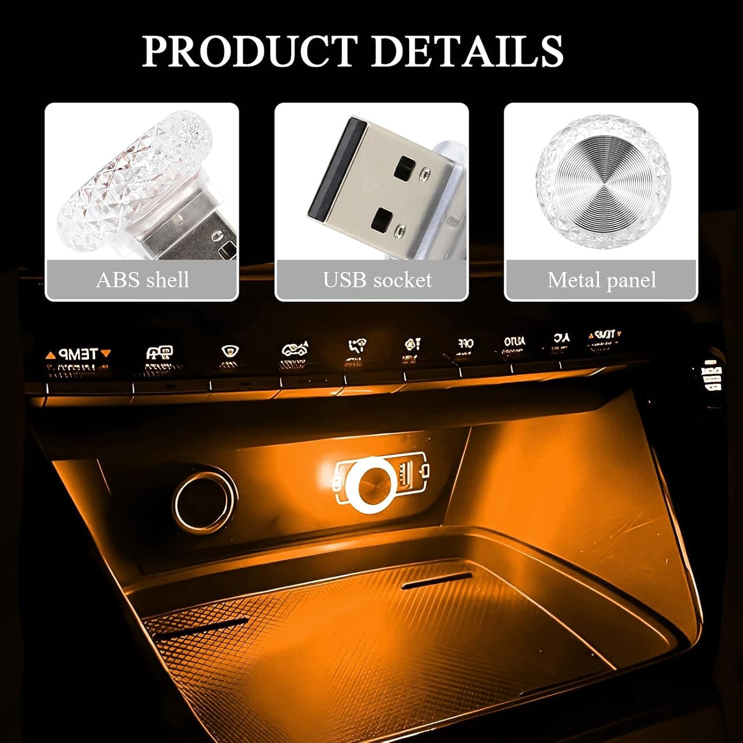 مصابيح LED USB للسيارة من 4 قطع، مصابيح ليلية مدمجة لداخل السيارة، مجموعة عالمية للسيارات المحيطة، ديكور سيارات صفراء، مجموعة اضاءة LED لسيارات ار في وسيارات الدفع الرباعي