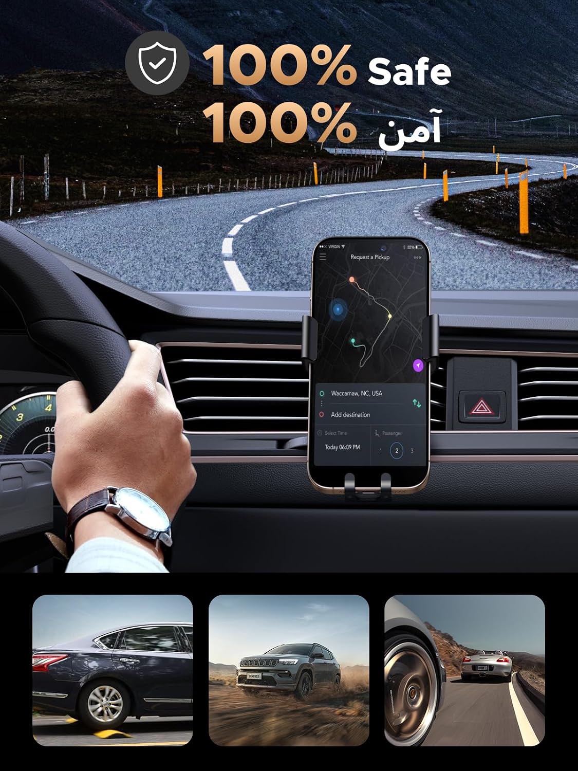 يوجرين حامل جوال للسيارة، [دوران 360 درجة لفتحة التهوية]، قفل تلقائي بيد واحدة، مشبك سيليكون أسود، مناسب لهاتف ايفون 16/15/14، سامسونج S25/24/23/Z Flip، ملحقات الهواتف الذكية مقاس 4.0-7.2 بوصة
