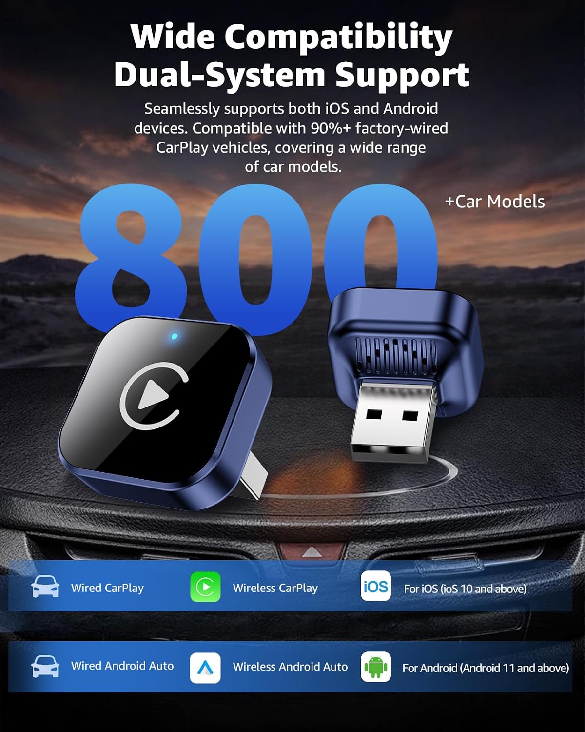 محول لاسلكي ومحول اندرويد اوتو من كاربلاي، ترقية 2026 2 في 1 للتوصيل والتشغيل، دونجل USB/USB-C، يحول سلكي الى لاسلكي للسيارات، اتصال سريع ومستقر، يناسب ايفون واندرويد، ازرق كحلي